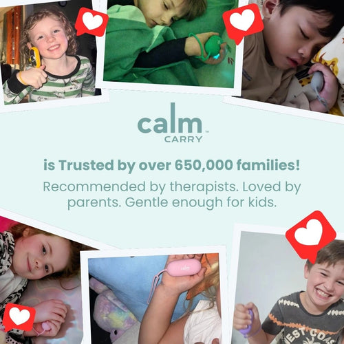 Advertisement for Calm Carry with images of children using products and text highlighting trust and recommendations.